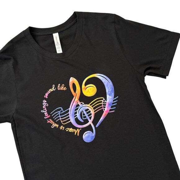 Bella+Canvas Tops - Music Tee Womens Small Music Is What Feelings Sound Like Heart in Black